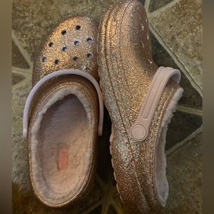 Gold Glitter Crocs with Pink Fur